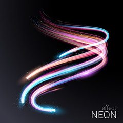 Poster - Vector. Vortex streams of neon light. Radial color spirals. Lines in the shape of a comet against a dark background. The effect of energy and speed. Template for banners, brochures, cards.