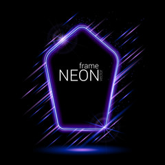 Poster - Vector. Violet neon frame on a black background. Luminescent glow with rays of light, flickering particles and reflections. Template for trendy modern banner, poster, flyer.