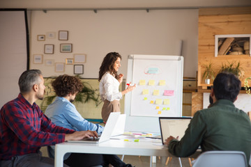 Wall Mural - Female manager presenting hierarchy chart to group of coworkers. Business colleagues in casual working together in contemporary office space. Corporate discussion or training concept