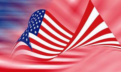 American flag of United States of America- waving flag, on a fogy red background, illustrated