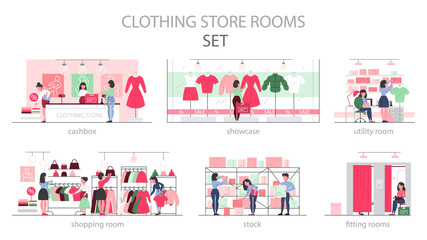 Clothing store room set. Clothes for men and women.