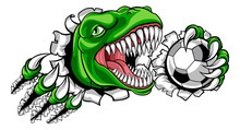 A Dinosaur T Rex Or Raptor Soccer Football Player Cartoon Animal Sports Mascot Holding A Ball In Its Claw