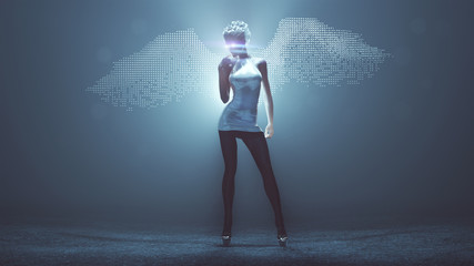 Supernatural Being Angel with Hair Up in a Little White Dress with Wings Formed out of Small Spheres in a Foggy Void with Glowing Eyes and Lens Flare 3d Illustration 3d render