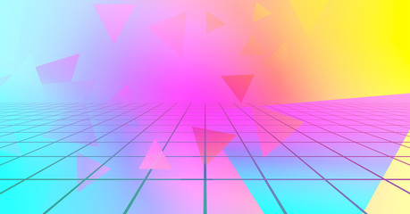 Retro futuristic neon background 1980s style. Retro music album cover template with abstract laser grid. 3d render