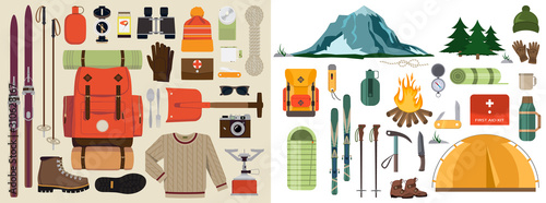 Fotografía Mountain hike winter ski hiking snowy backpack skiing accessories travel climbing mountaineering vector adventure illustration