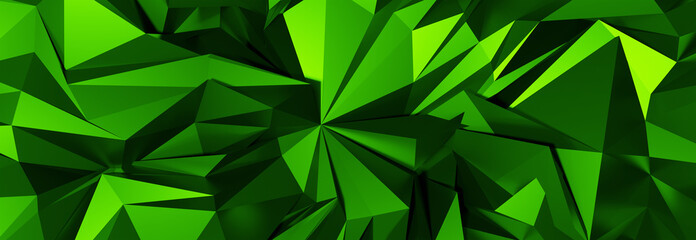 Poster - 3d ILLUSTRATION, of green abstract crystal background, triangular texture, wide panoramic for wallpaper, 3d black background low poly design