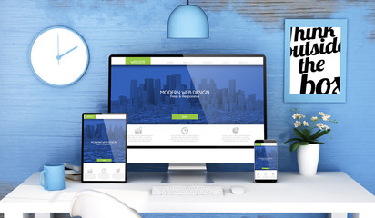 Canvas Print - blue studio with responsive modern web design on devices mockup