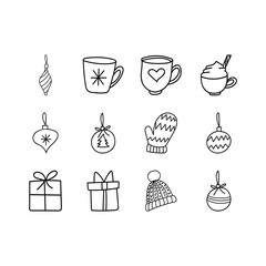 Set of Christmas related hand drawn vector icons isolated on a white background.X mas tree baubles,presents,pom pom hat,mitten,mugs,hot chocolate doodles.