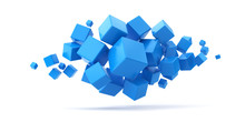 A Lot Of Flying Blue Cubes On A White Background. 3d Render Illustration.
