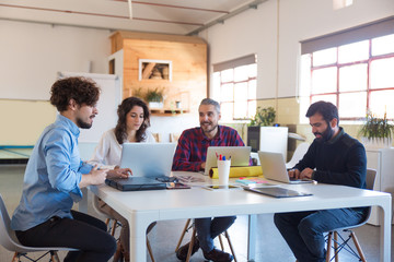 Wall Mural - Creative group working on startup, using laptops in modern co-working with potted plant. Business colleagues in casual sitting together in contemporary office space. Teamwork concept