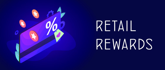 Poster - Retail rewards - loyalty program with discount card and rewarding points. Marketing rewards customer service. Online promotion method for regular customers. Header and footer banner template with text