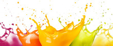 Collection Of Fruit Juice Colorful Splashes Isolated On White Background.