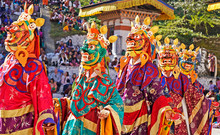 Performers Dancers Wearing Masks In Festival In Mongar, Bhutan