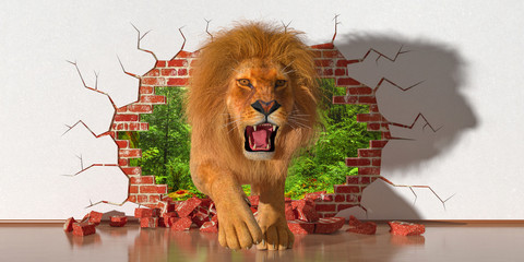 Wall Mural - lion emerging from a fault in the wall