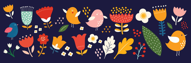 Wall Mural - Big collection of flowers, leaves, birds, and spring symbols	