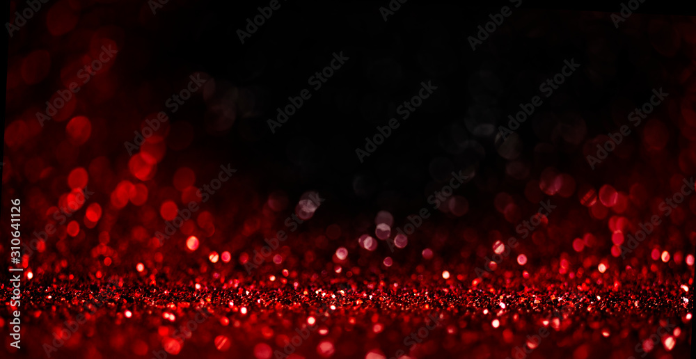 Abstract blur red glitter on black background. Card for Valentine's day, christmas and wedding celebration. Love bokeh sparkle confetti textured layout. - obrazy, fototapety, plakaty 