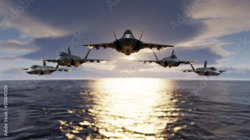 Fotografía F-35 jet fighters low flying over sea with flypast formatin 3d render