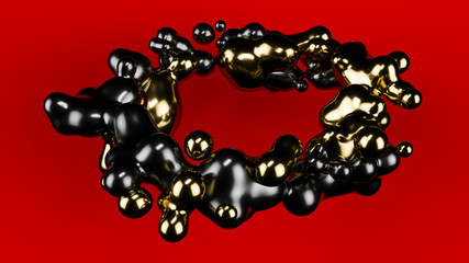 Gold metall ball, red ball abstract. Red matte background. Metaball. Studio light. 3d illustration, render.