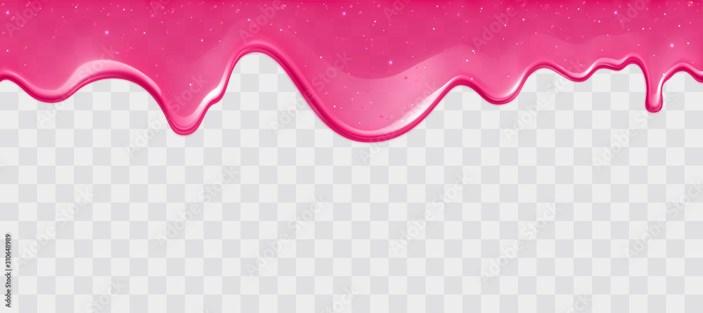 Dripping glossy pink slime with glitter isolated on transparent background. Border of shiny flowing sticky sweet goo. Vector template of cream, jelly or caramel glaze for cake or donut. - obrazy, fototapety, plakaty 