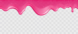 Fototapeta  - Dripping glossy pink slime with glitter isolated on transparent background. Border of shiny flowing sticky sweet goo. Vector template of cream, jelly or caramel glaze for cake or donut.
