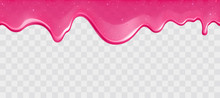 Dripping Glossy Pink Slime With Glitter Isolated On Transparent Background. Border Of Shiny Flowing Sticky Sweet Goo. Vector Template Of Cream, Jelly Or Caramel Glaze For Cake Or Donut.