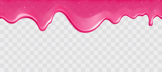 dripping glossy pink slime with glitter isolated on transparent background. border of shiny flowing 
