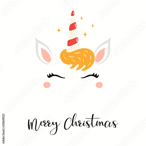Hand drawn card of cute unicorn face with sugar cane horn, stars, text Merry ...