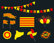 National holiday. Catalonia Independence Day set of vector design elements made in Catalonia. Map, flags, ribbons, turntables, sockets. Vector symbolism, set for your info graphic. 11 September