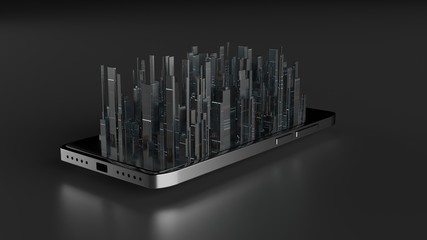 Wall Mural - 3D Rendering of mobile phone with small dimension skyscraper city buildings on glass screen surface.  Concept of smart city, 5G technology, business leading and competitive