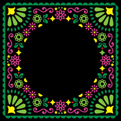 Folk vector greeting card, Mexican style wedding or party invitation, floral pink and green design on black background  