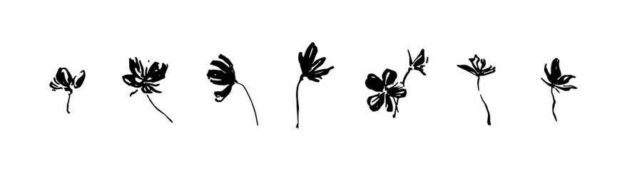 set of hand drawn simple tree flowers. grunge style brush painting vector silhouette. black isolated