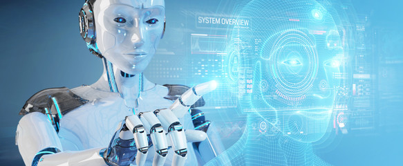 Fototapete - White robot  using digital artificial intelligence head interface 3D rendering