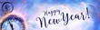 Happy New Year 2020 - Abstract background with clock, fireworks and snow - Panorama, banner, header  - Congratulations, greeting card