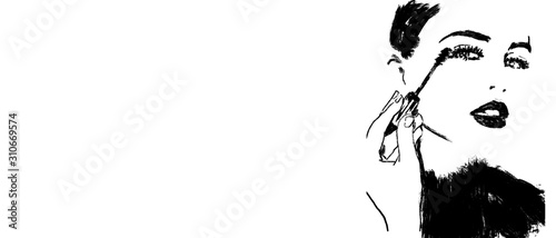 Putting on make up. Put on makeup on face. Cosmetics woman or girl illustration