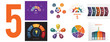 © assistant - Set 8 universal templates for Infographics conceptual cyclic processes for 5 positions possible to use for workflow, banner, diagram, web design, timeline, area chart,number options