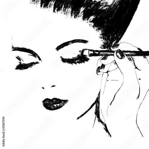 Putting on make up. Put on makeup on face. Cosmetics woman or girl illustration