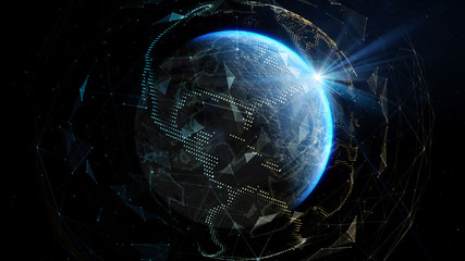 Wall Mural - the sun's rays from the rising sun illuminate the earth in outer space. global world network and tel