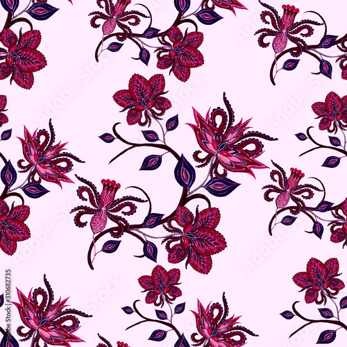 Watercolor seamless pattern with paisley flowers in ethnic style. Floral deco...
