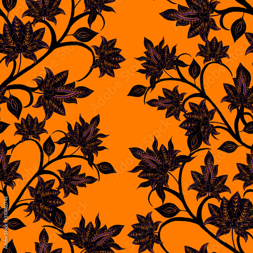 Watercolor seamless pattern with paisley flowers in ethnic style. Floral deco...