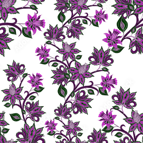 Watercolor seamless pattern with paisley flowers in ethnic style. Floral deco...
