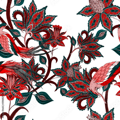 Watercolor seamless pattern with paisley fantasy flowers and birds in ethnic ...