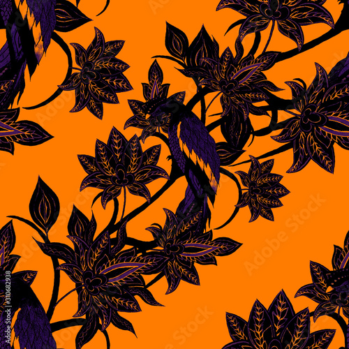 Watercolor seamless pattern with paisley fantasy flowers and birds in ethnic ...