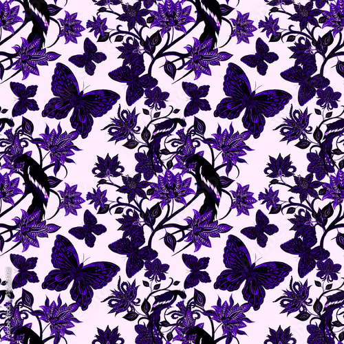 Watercolor seamless pattern with paisley flowers, butterflies and birds in et...