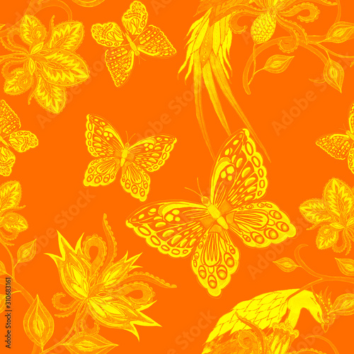 Watercolor seamless pattern with paisley flowers, butterflies and birds in et...