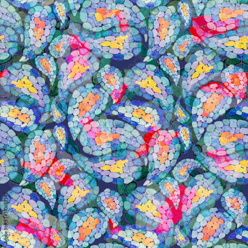Watercolor seamless pattern with paisley in mosaic style. Tribal ethnic seaml...