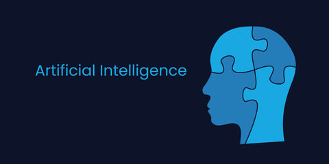 Poster - AI concept with human head silhouette and jigsaw.