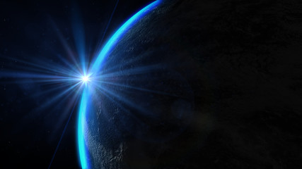 Wall Mural - Sunrise In The Space - Blue Earth with City night Lights. Elements of this image furnished by NASA - 3d illustration.