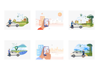 Poster - Car sharing set. Drivers near vehicle, city map, mobile phone app. Flat vector illustrations. Urban transport, service concept for banner, website design or landing web page