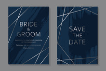 Set Of Modern Luxury Wedding Invitation Design Or Card Templates For Business Or Presentation Or Greeting With Silver Lines And Paint Brush Strokes On A Navy Blue Background.