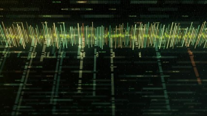 Poster - Color business equalizer with numbers on black background. Animation. Music computer track with numbers or chart for business statistics. Horizontal equalizer with chaotic strokes